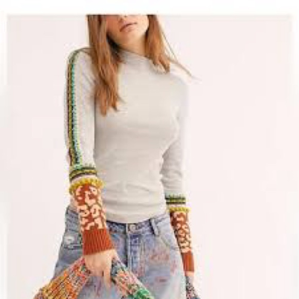 Free People Gray Knit Sweater with Multicolor Accents